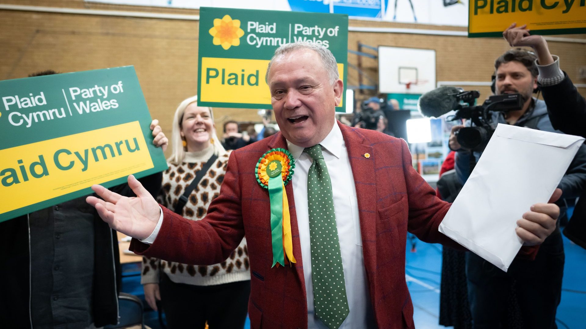 Plaid Cymru candidate Lindsay Whittle celebrates winning the Caerphilly seat . Photo: Matthew Horwood/Getty Images