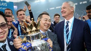 Leicester City chairman Vichai Srivaddhana-prabha lifts the Premier League trophy at the King Power Stadium on May 7, 2016. Image: Plumb Images/Leicester City FC/Getty