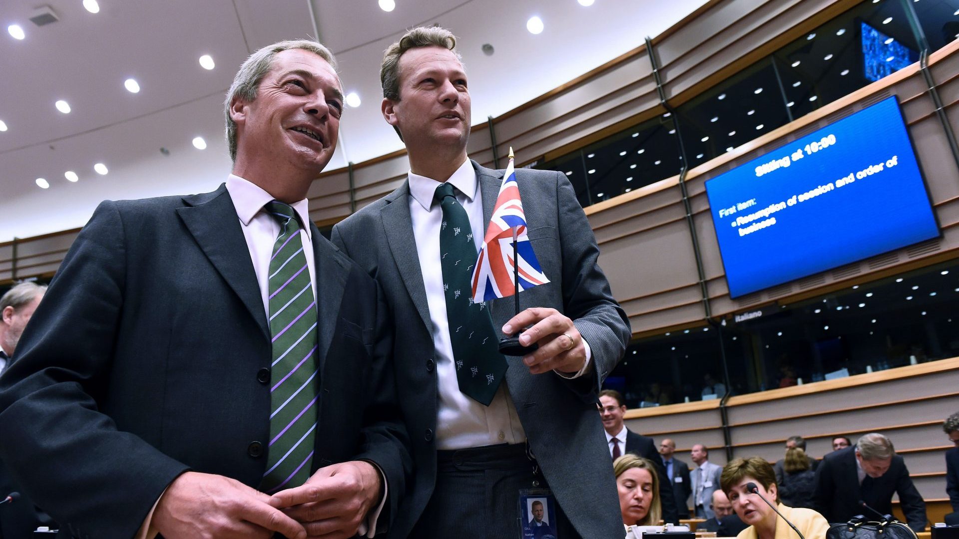 Nigel Farage with Nathan Gill at the EU headquarters in Brussels, 2016. Image: John Thys/AFP/Getty