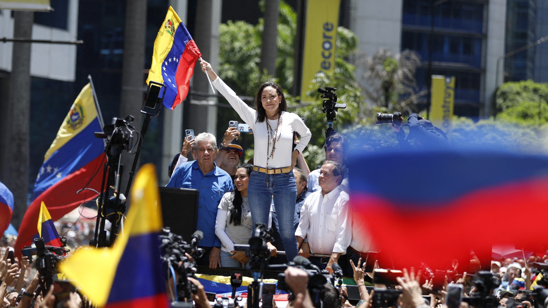 María Corina Machado attends an opposition rally in Caracas in 2024, a month after the disputed re-election of president Nicolás Maduro. 
Image: Pedro Rances Mattey/AFP/Getty