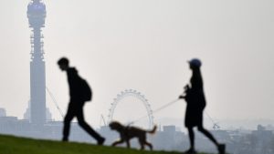 People walking on Primrose Hill in London, with the BT Tower and London Eye in the background. Image: Justin Tallis/AFP/Getty