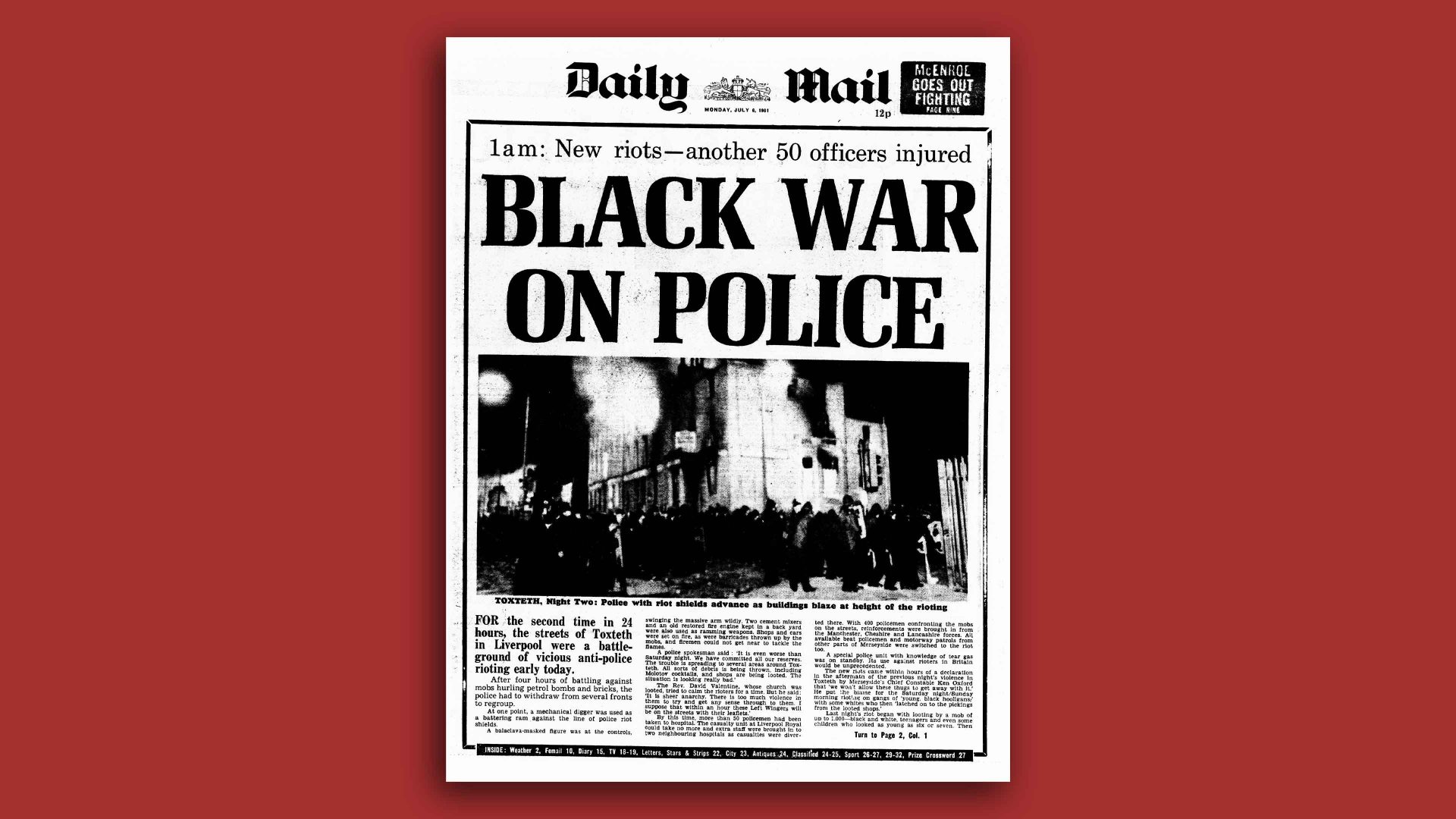 The front page of the Daily Mail from July 1981, during the Toxteth riots in Liverpool.