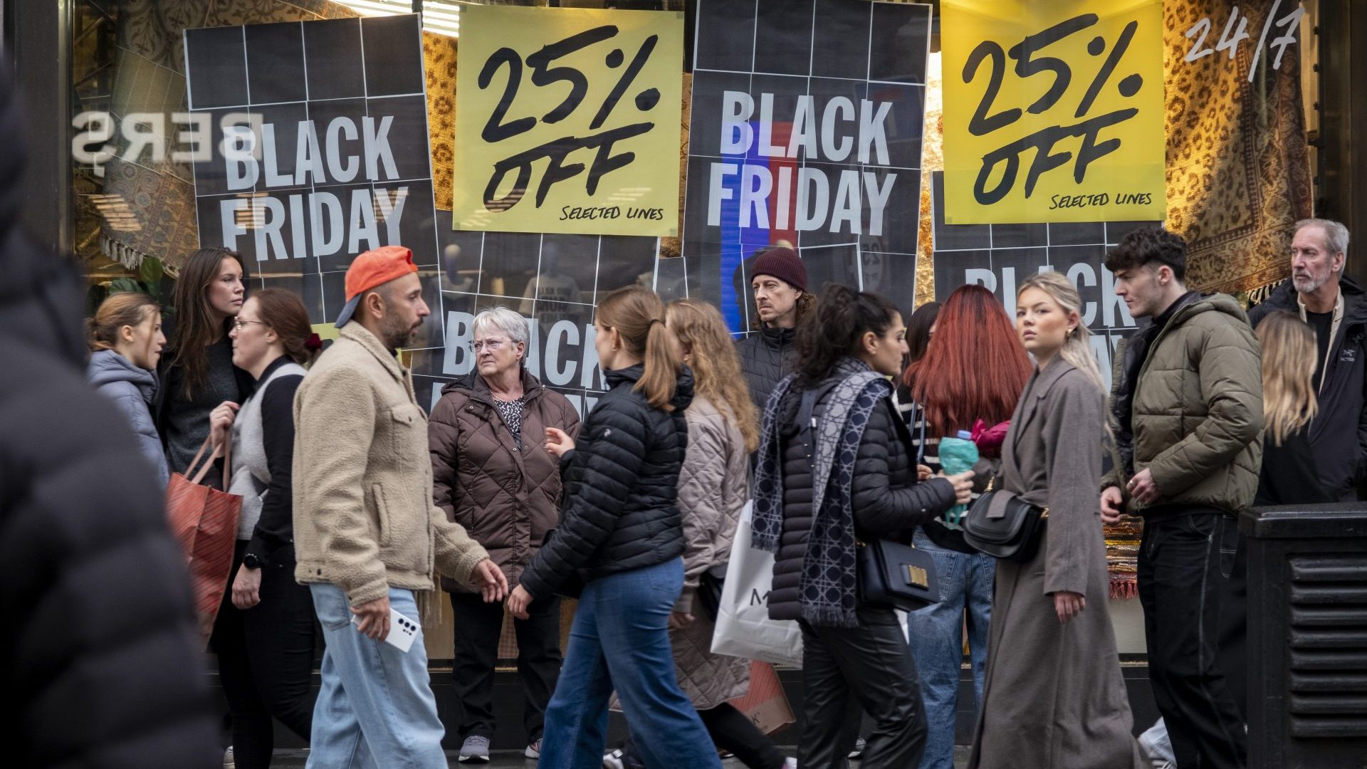 Black Friday advertising along Oxford Street. Photo: Mike Kemp/In Pictures via Getty Images