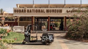 The entrance to the Sudanese National Museum. Over ten thousand artifacts were plundered by the Rapid Support Forces militants while they occupied the museum for some 20 months. Photo: Giles Clarke/Avaaz via Getty Images