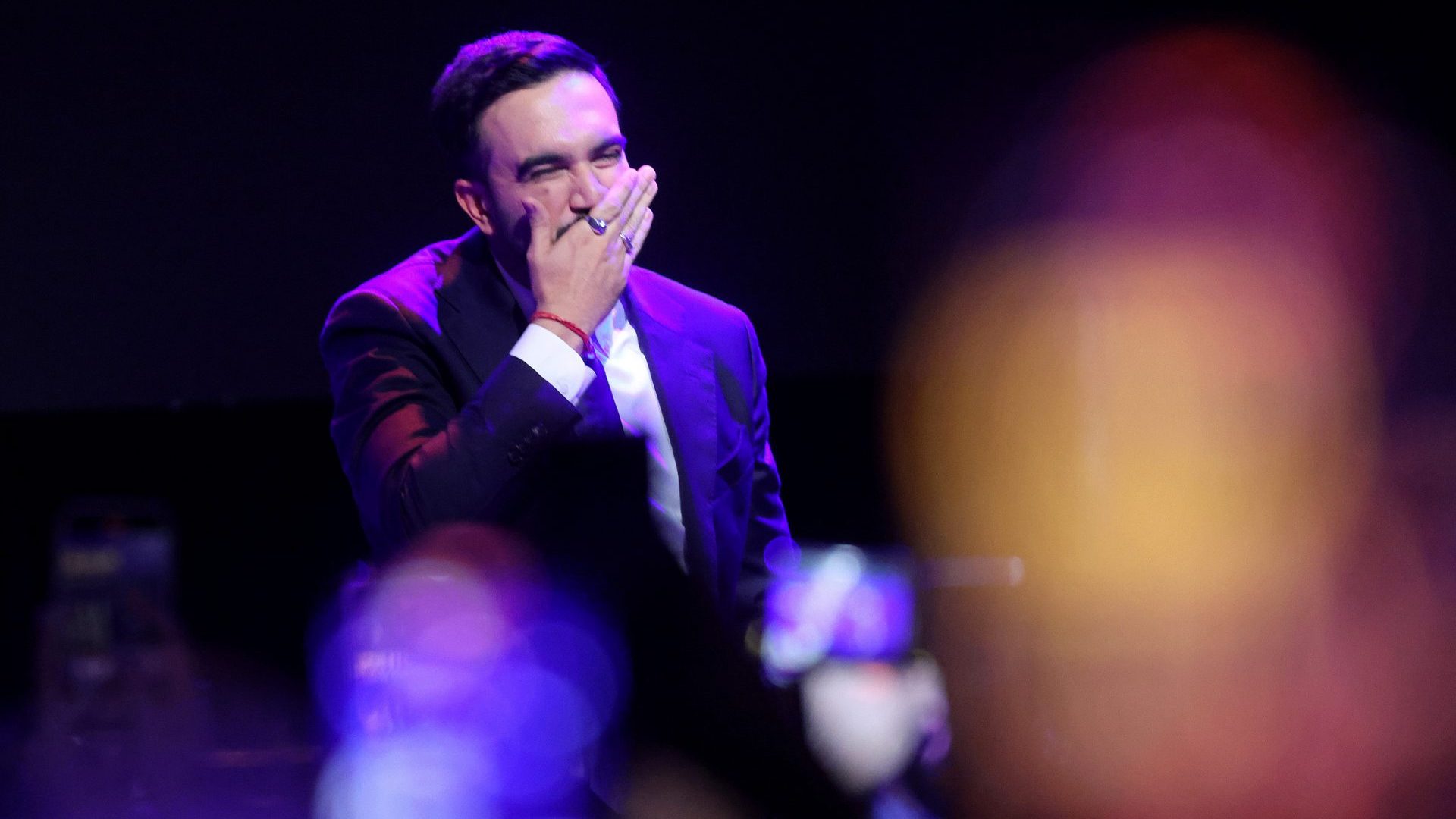  New York City Democratic mayoral candidate Zohran Mamdani celebrates as he takes the stage at his election night watch party. Photo: Spencer Platt/Getty Images