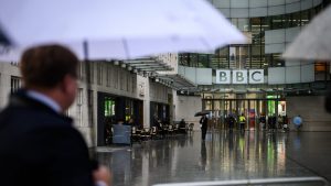 Members of the media gather outside Broadcasting House. Photo: Leon Neal/Getty Images