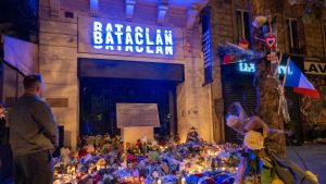 Tributes pile up in front of the Bataclan on the 10th anniversary of the attack.
Image: LAURENT CARON/Hans Lucas/AFP/GETTY