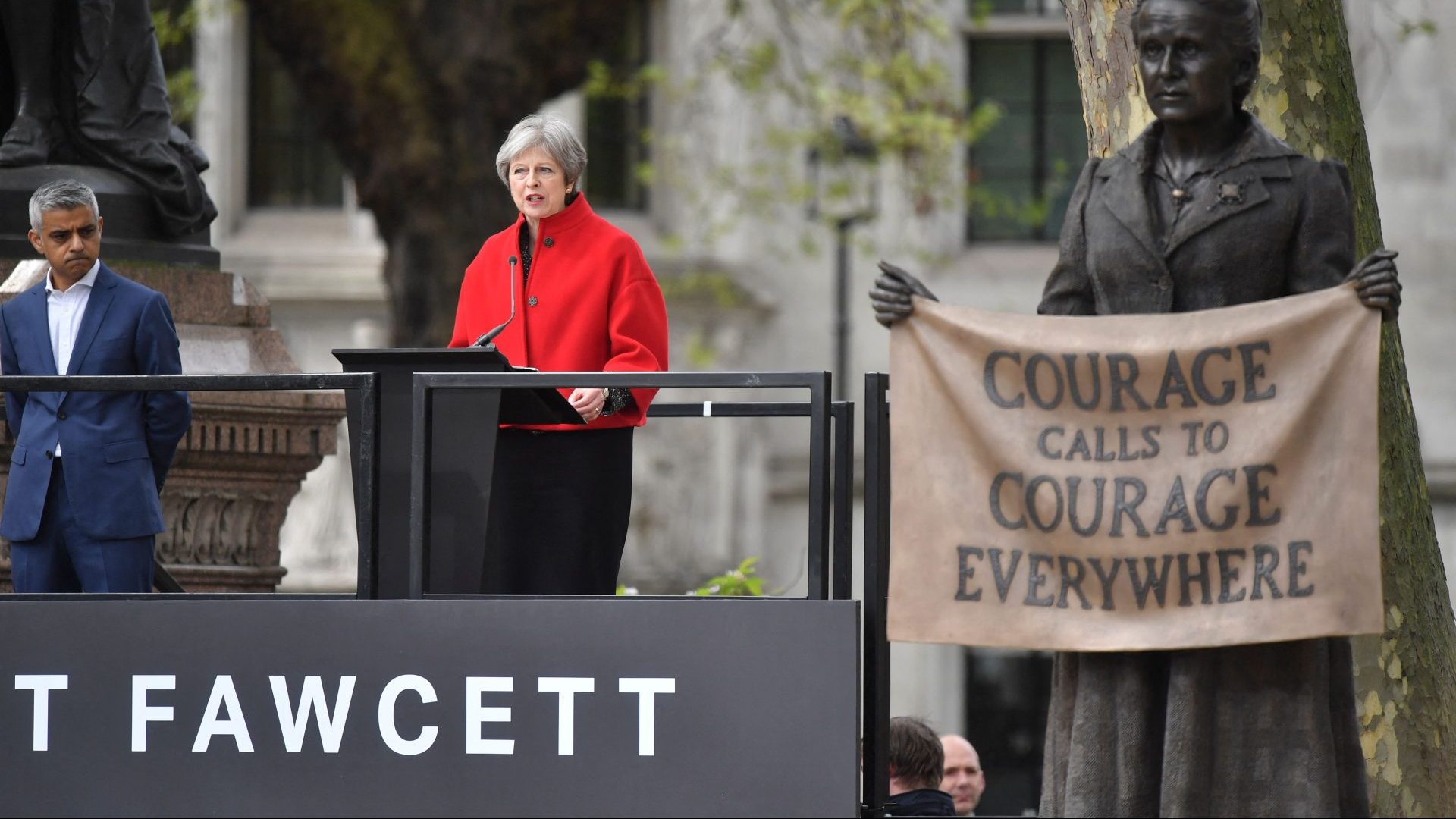 Theresa May, who founded Women2Win, speaks at the unveiling of a statue of suffragist and women's rights campaigner Millicent Fawcett. Photo: BEN STANSALL/AFP via Getty Images