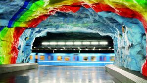 Rainbow art at Stadion, one of the ‘cave’ stations on the Stockholm metro. Image: David Seltzer/Schiffer