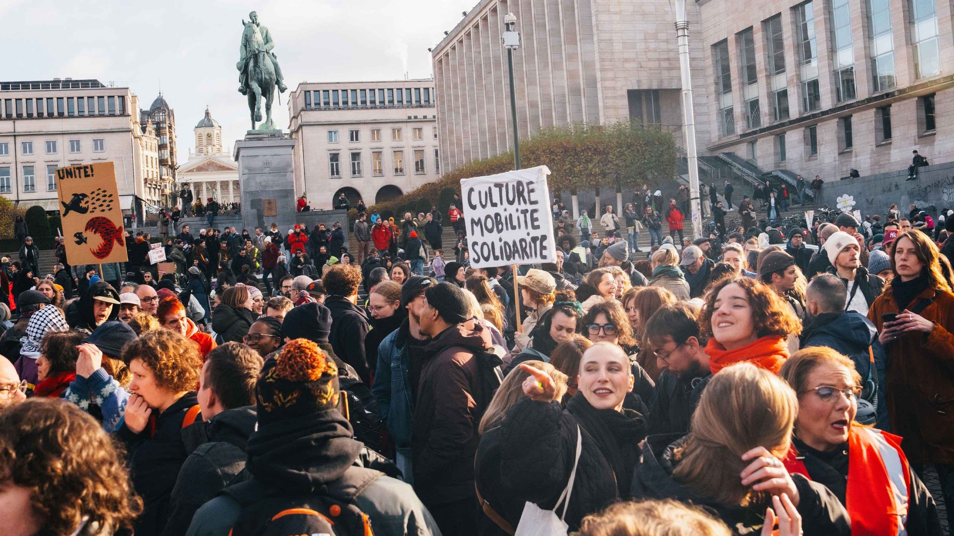 Workers of the cultural sector take part in a rally as part of a general strike to denounce the consequences of federal government measures. Photo: Marius Burgelman / Belga / AFP via Getty Images