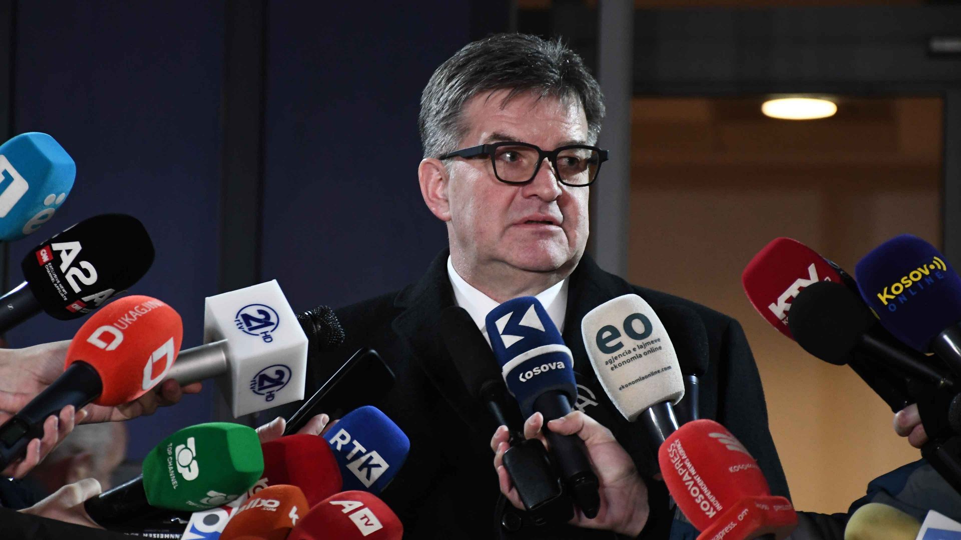 Special Representative of the European Union for the Belgrade-Pristina Dialogue Miroslav Lajcak speaks during a press conference in Pristina, Kosovo on January 30, 2024. Photo: Eren Beksac/Anadolu via Getty Images