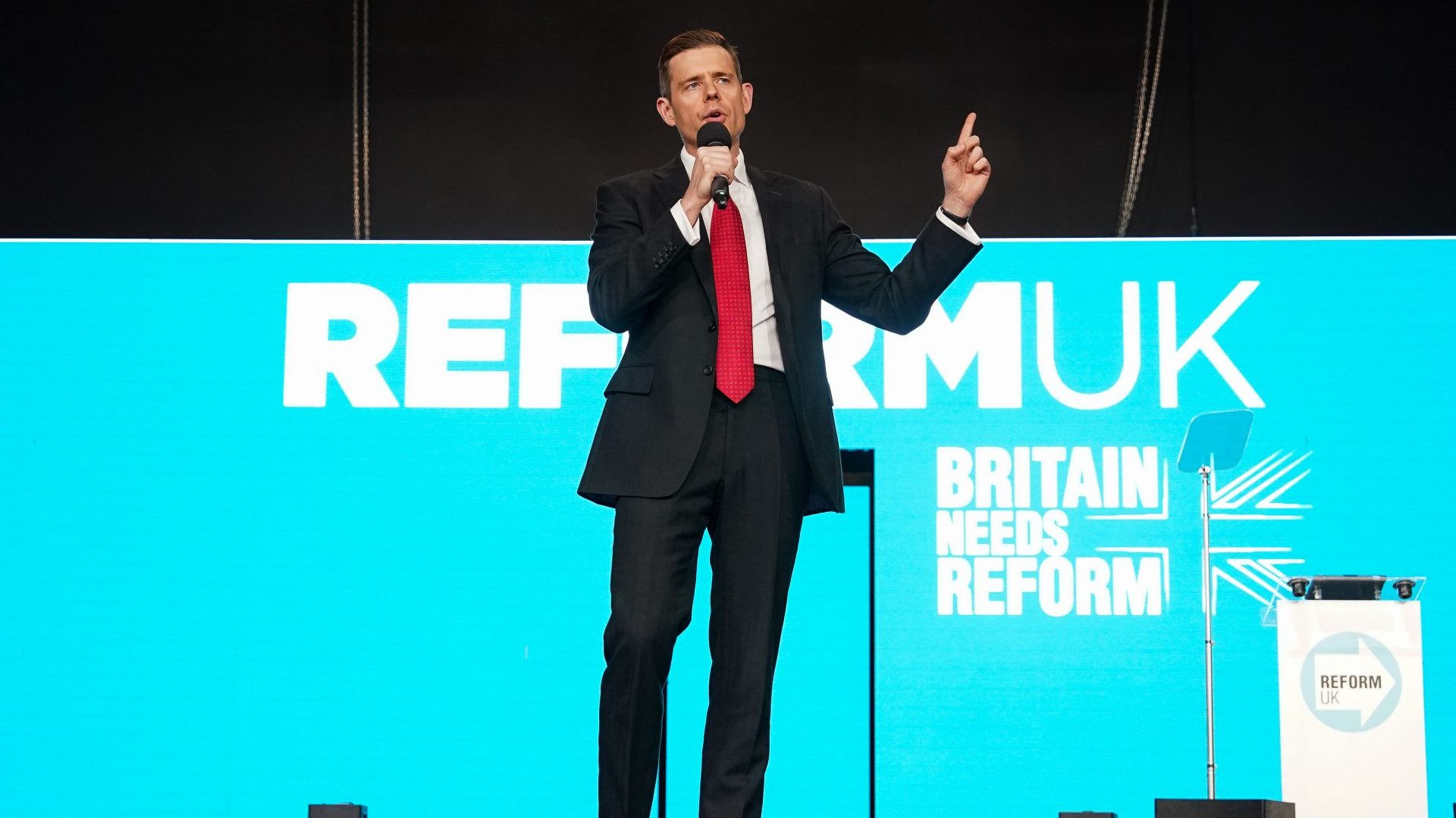 Matthew Goodwin speaks on stage during the Reform UK County Durham Conference. Photo: Ian Forsyth/Getty Images