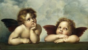 The two bored-looking cherubs gazing up at Mary in Raphael’s The Sistine Madonna, c. 1513–1514. Image: Fine Art Photographic Library/Corbis/Getty