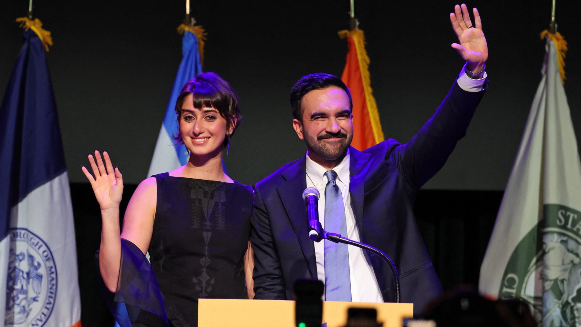 Zohran Mamdani celebrates with his wife, Rama Duwaji, during an election night event in Brooklyn, New York on November 4. Image: Angela Weiss/AFP/Getty
