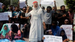 Students of seven government colleges hold a sit-in in front of the Education Ministry in Dhaka, Bangladesh, on October 13, 2025, demanding immediate approval and ordinance issuance of the proposed 'Dhaka Central University Act-2025' Photo: Maruf Rahman/NurPhoto via Getty Images