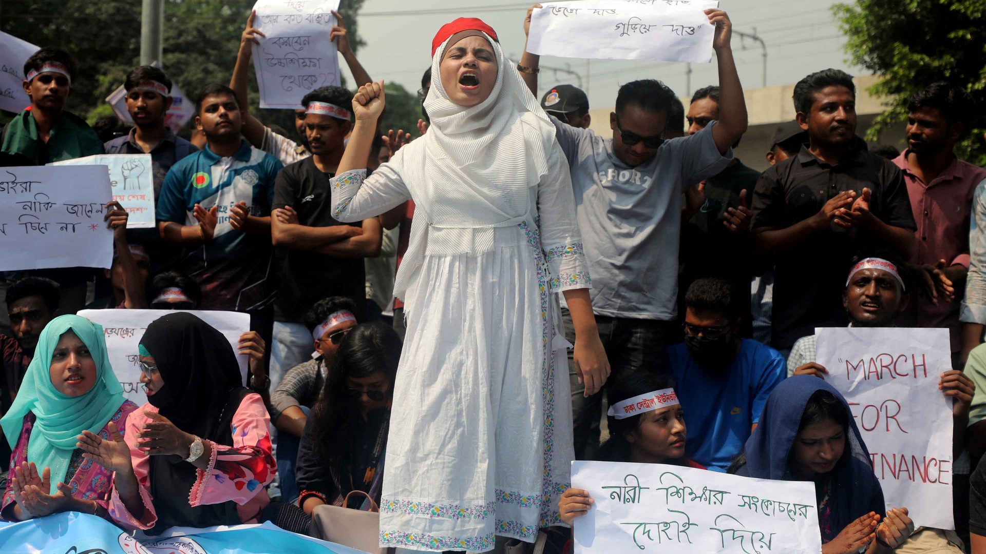 Students of seven government colleges hold a sit-in in front of the Education Ministry in Dhaka, Bangladesh, on October 13, 2025, demanding immediate approval and ordinance issuance of the proposed 'Dhaka Central University Act-2025' Photo: Maruf Rahman/NurPhoto via Getty Images