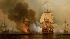 San José (left) exploding during Wager's Action, 28 May 1708. Credit: WIKI