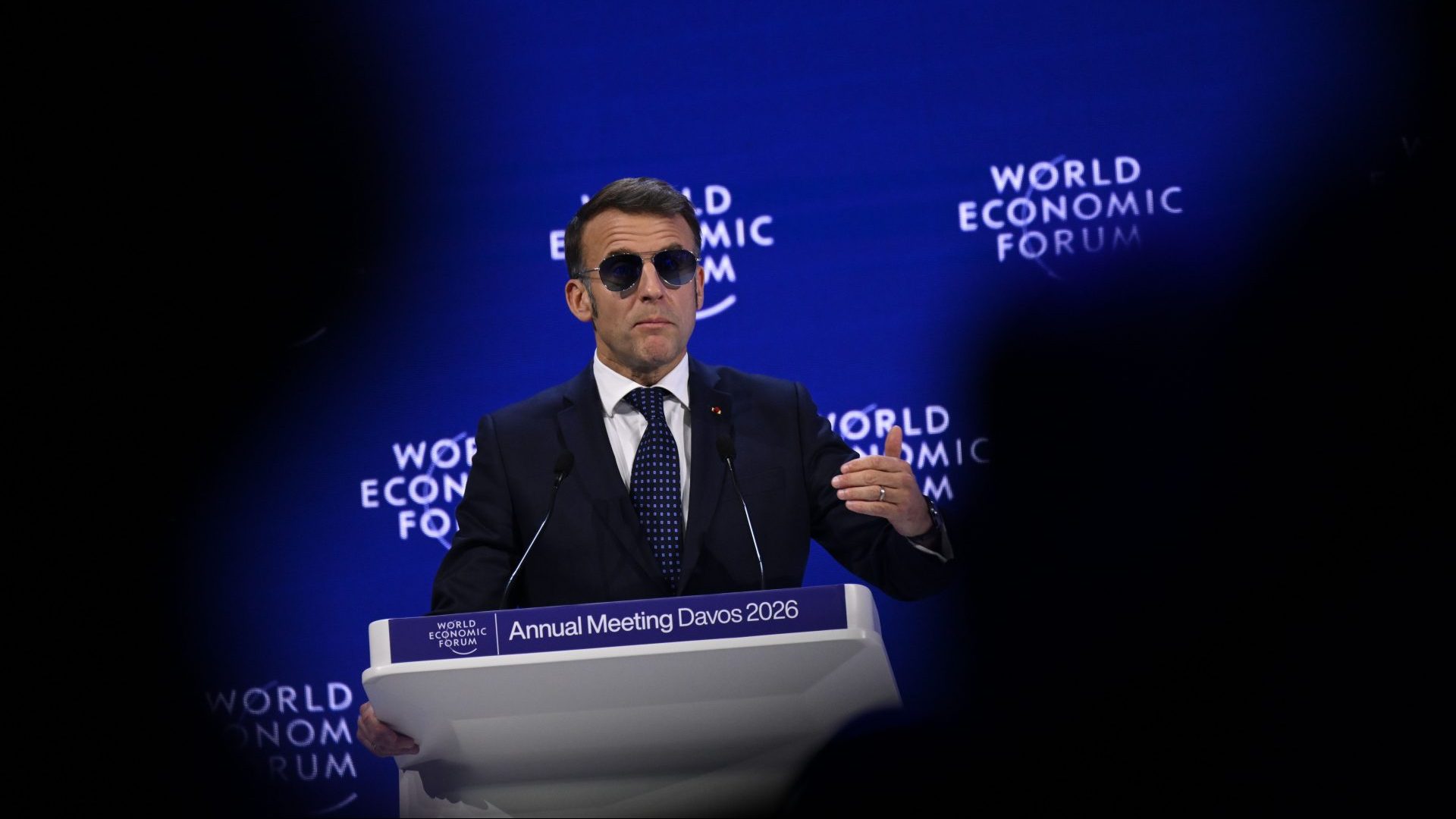 Emmanuel Macron delivers a speech during the World Economic Forum Annual Meeting (WEF) held in Davos. Photo: Harun Ozalp/Anadolu via Getty Images