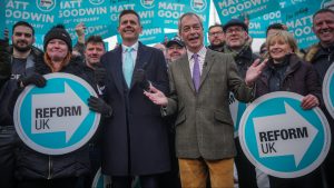 Reform candidate Matt Goodwin and leader Nigel Farage campaign in Gorton and Denton. Photo: Christopher Furlong/Getty Images