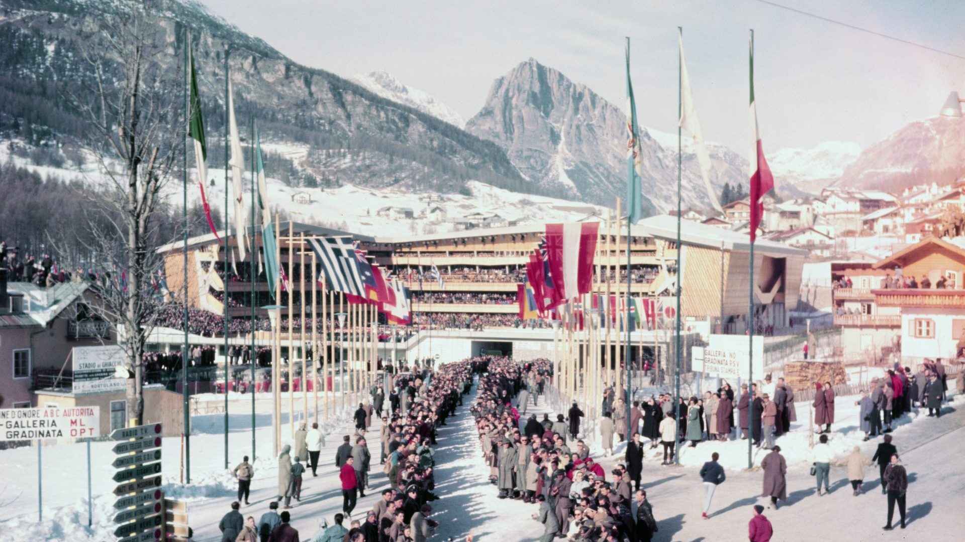 The opening ceremony for the 1956 Winter Olympics held in Cortina d’Ampezzo. All images: Bettmann; Fototeca Gilardi/Getty; Central Press/Hulton Archive