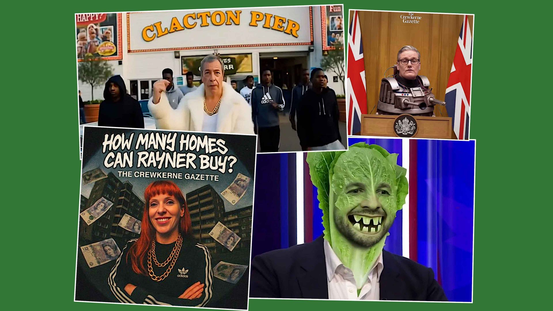 Crewkerne Gazette’s AI-generated parodies of Keir Starmer, Zack Polanski, Nigel Farage and Angela Rayner. Images: Crewkerne Gazette
