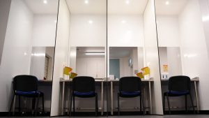 The Thistle in Calton, Glasgow, the UK’s first safer drug consumption facility, has eight booths where users can inject themselves with their own drugs if they wish. Images: Alice Austin