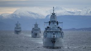 German Navy ships conduct a military exercise in the North Sea on October 13, 2025 near Harstad, Norway. Image: sean gallup/getty