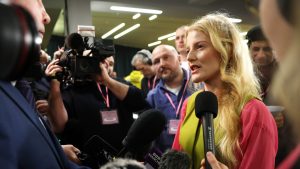 Green candidate and winner Hannah Spencer is interviewed after the vote count. Photo: Ryan Jenkinson/Getty Images