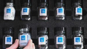 Glass jars containing rare earths are pictured inside the storage room of Tradium, a company specialised in trading rare earths. Photo: KIRILL KUDRYAVTSEV/AFP via Getty Images