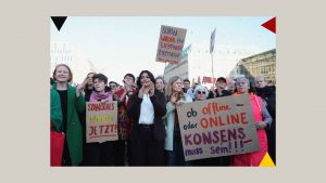 Women hold up placards as they take part in a demonstration in support of Actress Collien Fernandes who called for against sexual, psychological and physical violence directed at women. Photo: Maryam Majd/Getty Images