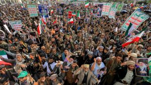 Mourners attend a memorial rally held by supporters of Yemen's Huthis a day after Iran's supreme leader was assassinated during a US and Israeli strikes on Tehran. Photo: Mohammed HUWAIS / AFP via Getty Images