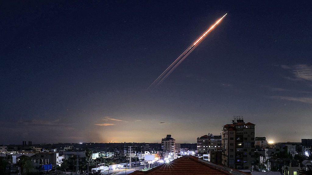 A missile launched from Iran is pictured in the sky from the Bureij camp for Palestinian refugees in the central Gaza Strip. Photo: Eyad Baba / AFP via Getty Images