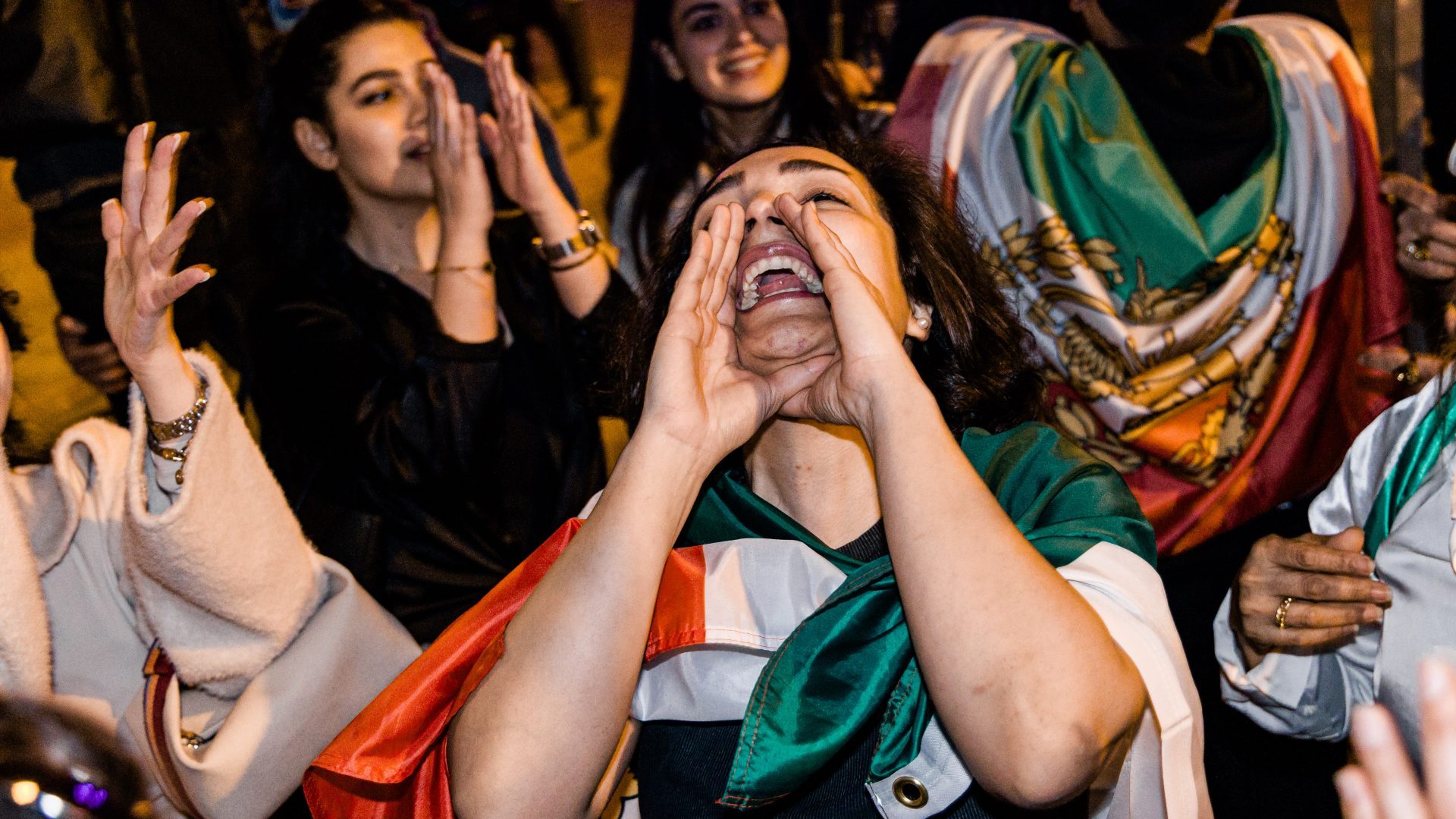 Iranian exiles rally outside the Iranian embassy in Madrid after US–Israel strikes on Iran. Image: Getty