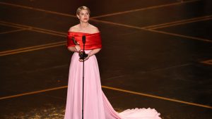Jessie Buckley accepts the Oscar for Actress in a Leading Role for "Hamnet" during the 98th Annual Academy Awards. Photo: Robert Gauthier / Los Angeles Times via Getty Images