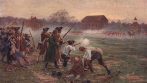 Minutemen facing British soldiers on Lexington Common, Massa­chusetts, in the first battle in the War of Independence, April 19, 1775, painted by William Barnes Wollen. 
Image: HULTON ARCHIVE/GETTY