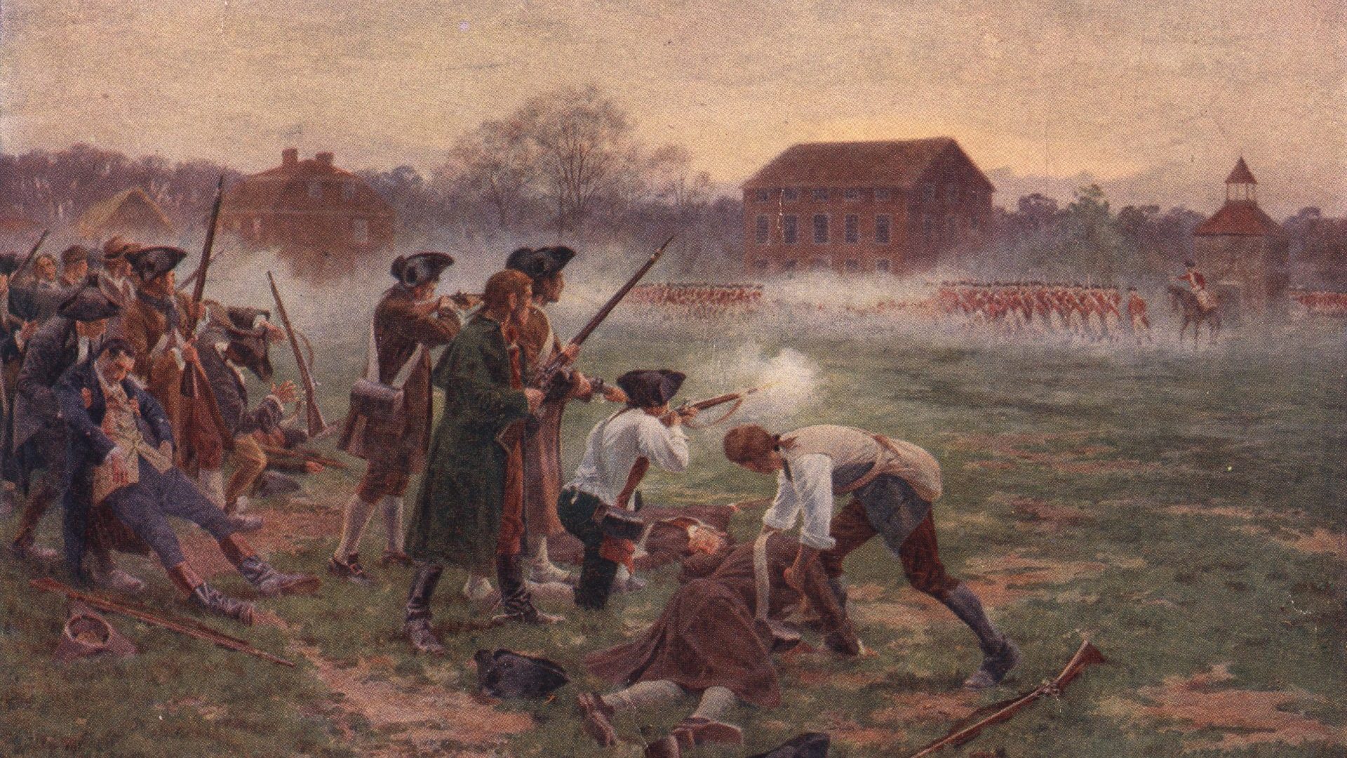 Minutemen facing British soldiers on Lexington Common, Massa­chusetts, in the first battle in the War of Independence, April 19, 1775, painted by William Barnes Wollen. 
Image: HULTON ARCHIVE/GETTY
