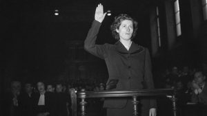 Lucie Aubrac in the witness stand at the trial of René Hardy, a former French Resistance member accused of betrayal, Paris, May 1950. 
Image: AFP/Getty