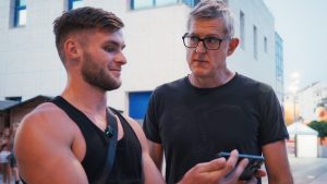 Ed Matthews and Louis Theroux in Louis Theroux: Inside the Manosphere. Image: Netflix
