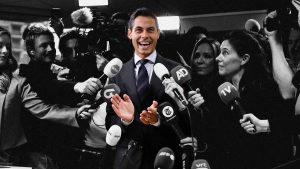 Leader of D66 (Democrats 66) Rob Jetten reacts as he delivers remarks to journalists at the D66 (Democrats 66) faction room at the Lower House, the day after the Dutch parliamentary election vote. Photo: SIMON WOHLFAHRT/AFP via Getty Images