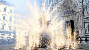 A cart packed with pyrotechnics provides a spectacle during the 'Scoppio del Carro' (Explosion of the Cart) folk tradition on Easter Sunday in Florence. Photo: Carlo Bressan/Anadolu via Getty Images