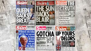 Four pivotal Sun front pages, from 2016, 1989, 1992 and 1990. But now the once-feared paper’s political clout has all but disappeared and it is losing millions. Image: TNW/Getty