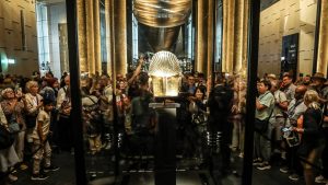 The golden funerary mask of ancient Egyptian pharaoh Tutankhamun at the Grand Egyptian Museum in Giza. Image: Mohamed Elshahed/Anadolu/Getty