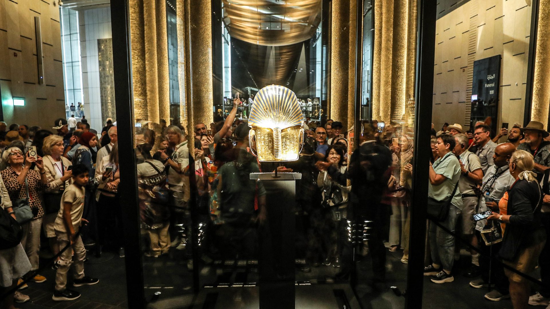 The golden funerary mask of ancient Egyptian pharaoh Tutankhamun at the Grand Egyptian Museum in Giza. Image: Mohamed Elshahed/Anadolu/Getty