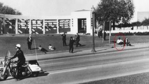 The scene of John F Kennedy’s assassination in Dallas, November 1963, with ‘Black Cap Man' highlighted. Image: Getty/TNW