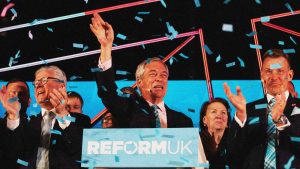 Reform Scottish leader Malcolm Offord, Nigel Farage and chairman Dr David Bull attend a campaign rally. Photo: Paul Reid/Getty Images