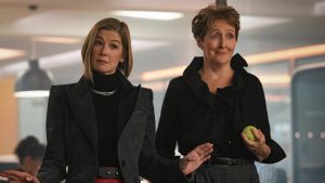 Rosamund Pike as Alex and Fiona Shaw as Felicity in Ladies First. Image: Rob Youngson/Netflix