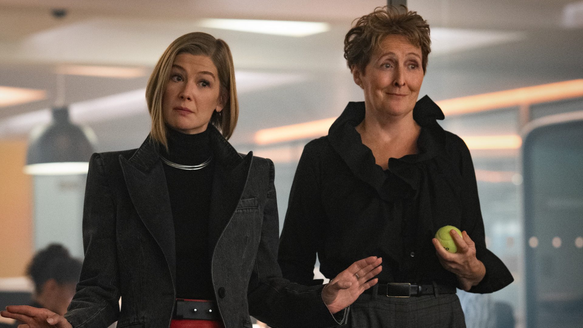 Rosamund Pike as Alex and Fiona Shaw as Felicity in Ladies First. Image: Rob Youngson/Netflix
