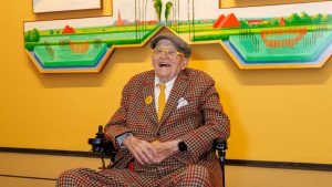 David Hockney at the David Hockney 25 exhibition at the Fondation Louis Vuitton in Paris. Image: Luc Castel/Getty Images
