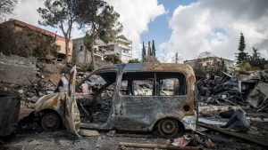 A burnt vehicle on the site where generators were destroyed by Israeli airstrikes in central Jibchit, in the Nabatieh district, southern Lebanon. Photo: Sally Hayden/SOPA Images/LightRocket via Getty Images
