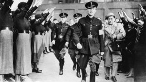 Oswald Mosley, British Fascist leader, receives the salute from his followers. Image: Getty